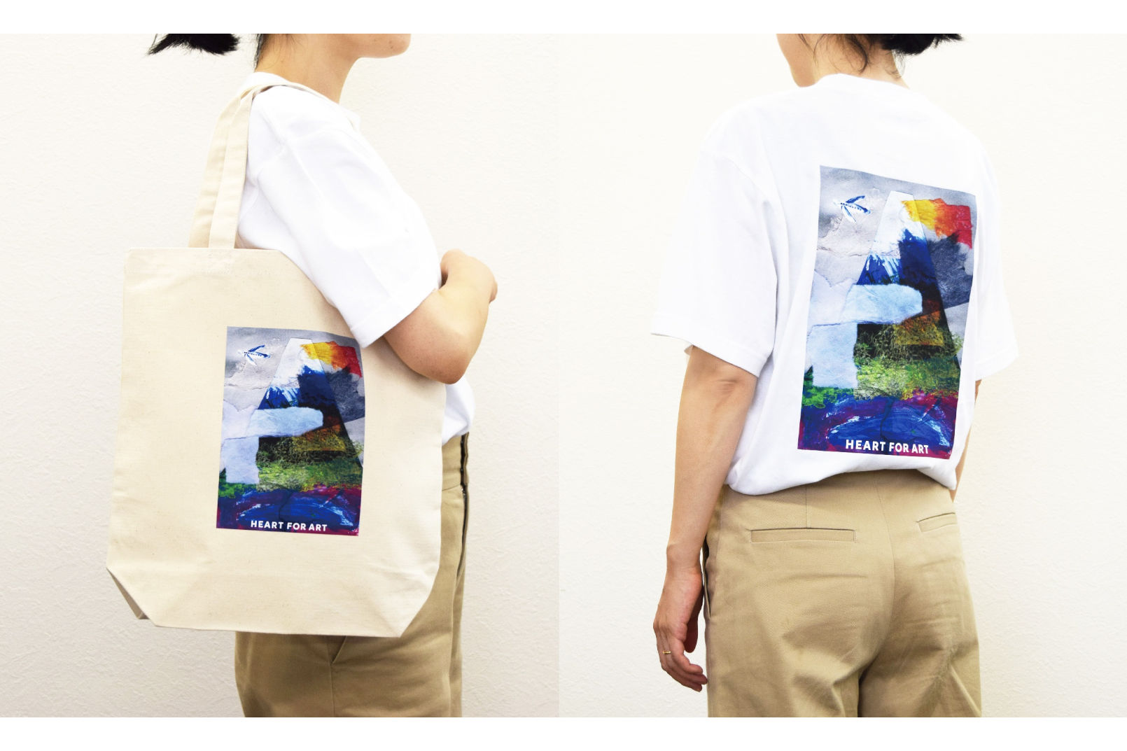 『ハートフォーアート富士山トートバッグ』（左）と『ハートフォーアート富士山Tシャツ』（右）