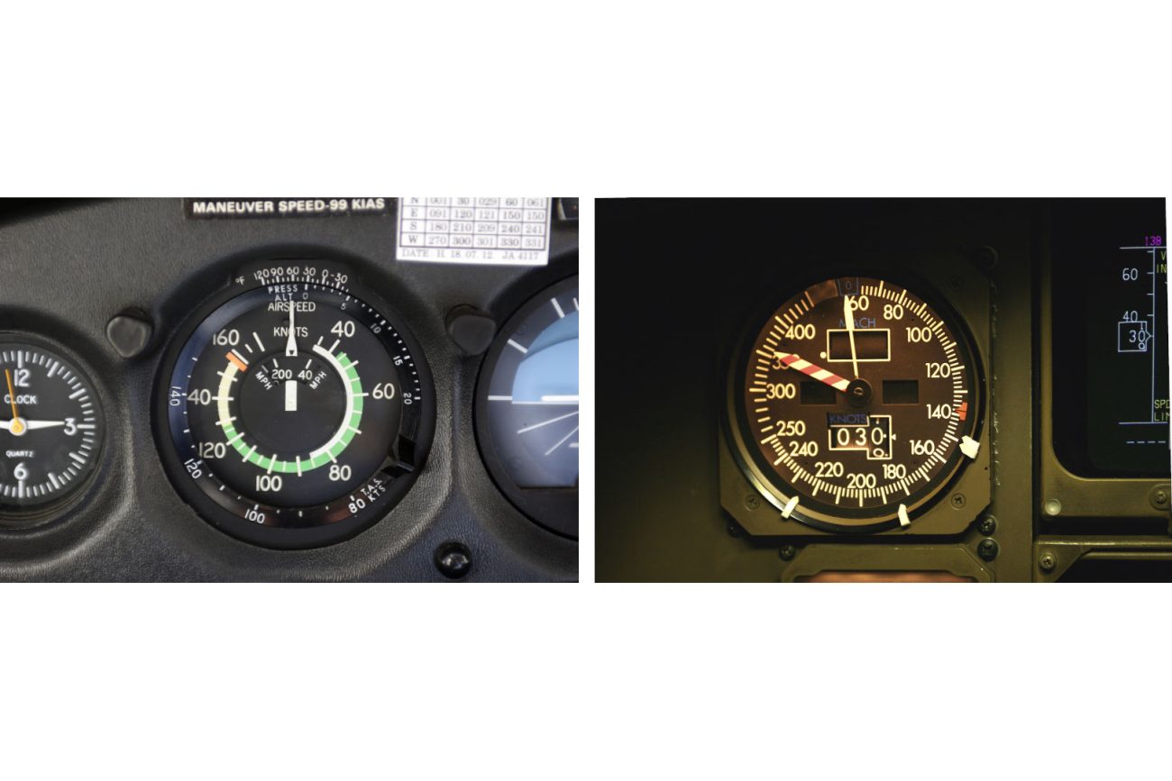 左は軽飛行機セスナ172の対気速度計。