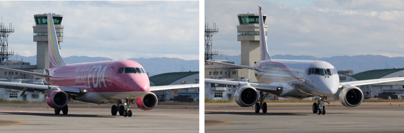 E175と見比べると、日本刀をイメージしたというMRJの細さがきわだつ。