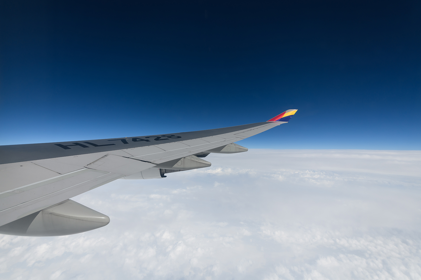 仁川国際空港へ向けて巡航中のHL7428。尾翼と同じカラーのウイングレットが青空に映える。20年以上の活躍で飛んだ距離は、地球を約2,500周したことに相当する。