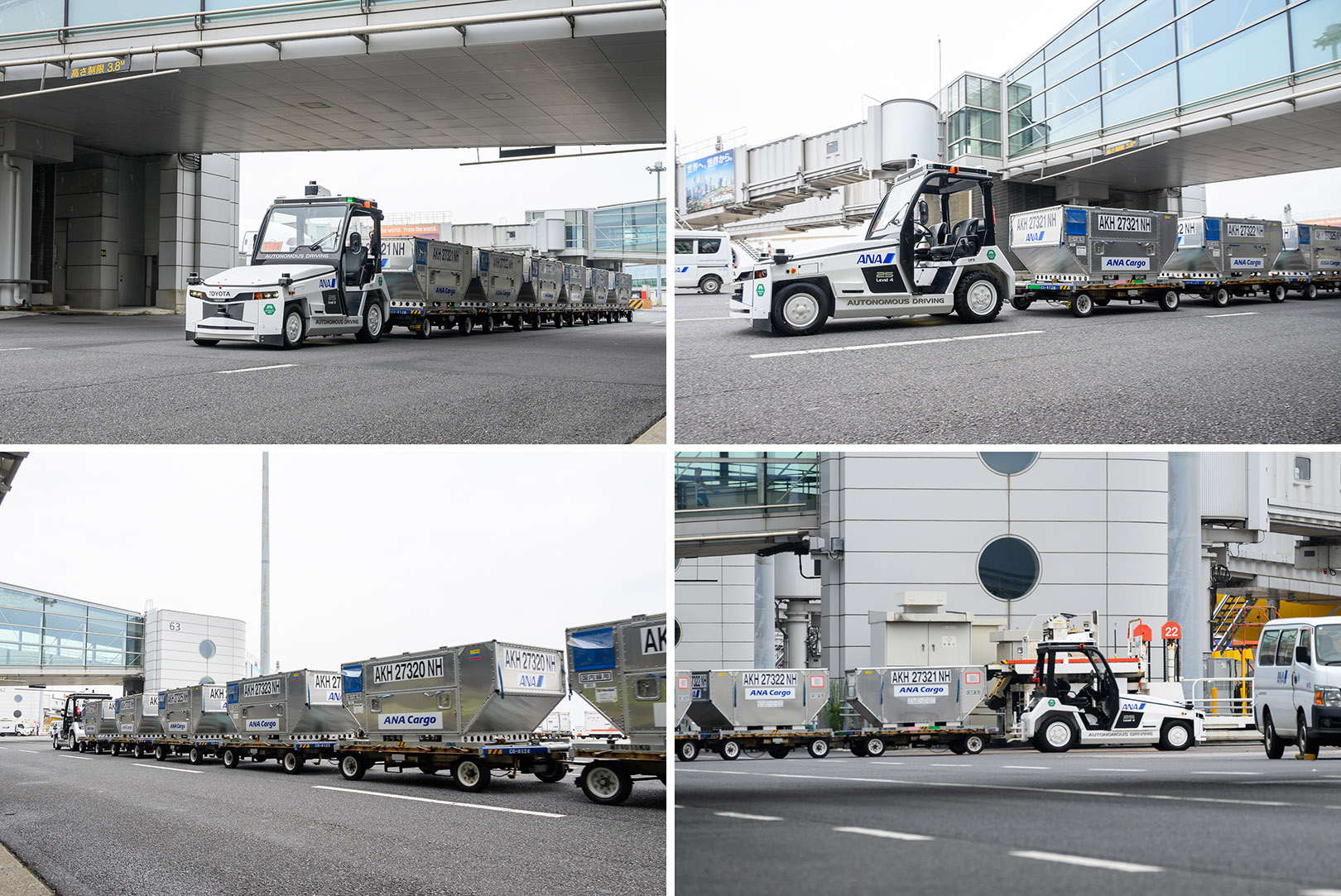 コンテナ6台を無人運転で牽引するトーイングトラクター。