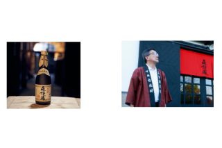 焼酎「森伊蔵」（左）と有限会社森伊蔵酒造 代表取締役社長の森覚志氏（右）