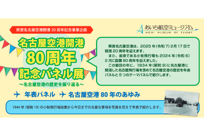 年表パネル「名古屋空港80年の歩み」。セントレア開港以前の名古屋空港に時代には、世界各地とを結ぶ外国エアラインも乗り入れていた。