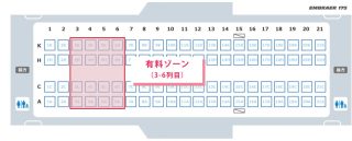 エンブラエルE175の座席配置。E170についても、有料ゾーンの位置は同様となる。
