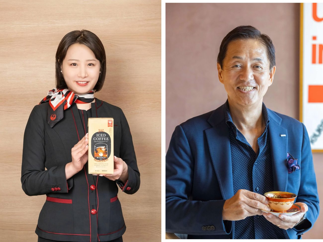 JAL客室乗務員(左)と株式会社ミカフェート代表取締役社長 川島良彰氏(右)