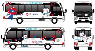 FCマイクロバスの車両デザイン。大阪・関西万博の公式キャラクター「ミャクミャク」や、関西エアポートの公式キャラクター「そらやん」が登場する。
