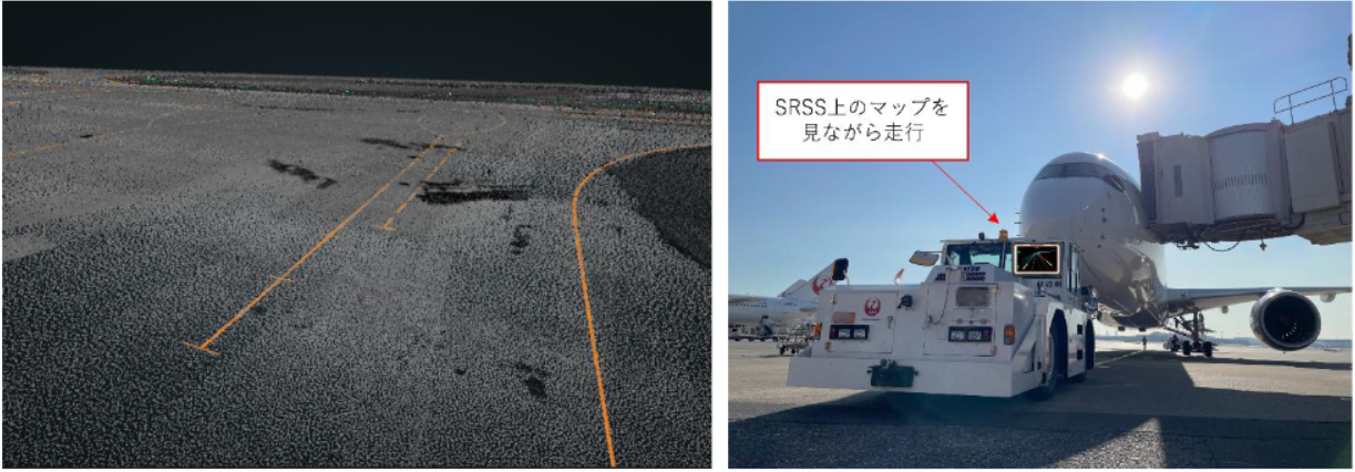 空港内高精度3次元地図データイメージ（左）と航空機のプッシュバック時のSRSS使用イメージ（右）。