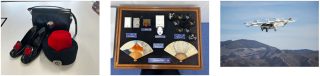 （写真左・中央）今後公開予定の展示品（5代目CAハンドバック・帽子・靴、giveaway)、（写真右）「FutureZone」で新たに動画公開する空飛ぶクルマ