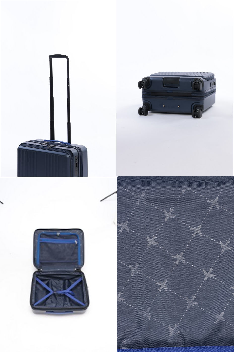 2段階調節キャリーハンドルやボトムハンドルを備え、内装には飛行機柄の生地を採用するなど細部にまでこだわったデザイン。