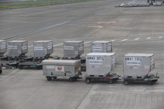 おなじみのLD-3コンテナのようだが、よく見るとサイズが小さいものも含まれている。