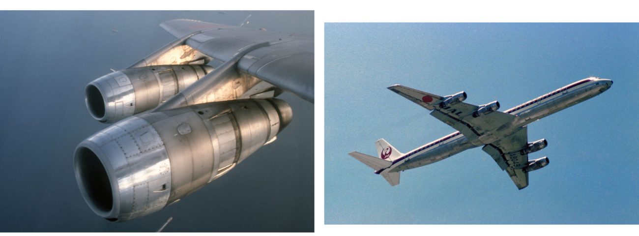 DC-8のスポイラーは地上でのみ使用したため、上空での減速にはエンジンの逆噴射も使用した。