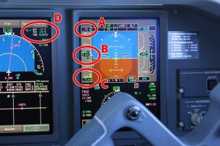 PFDの対気速度（CAS★B）は240.5ノット（445km/h）を指しているが、空気密度や圧縮性の影響を考慮して補正した実際の対気速度（TAS★D）は419ノット（776km/h）と計算されている。