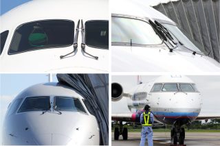 787（左上）やA350（右上）、E-Jet（左下）、CRJ（右下）など、コクピットの窓に曲面ガラスを使用して機体のラインと段ができないようにしている旅客機は、ワイパー停止時にブレードが縦になるようにしている。