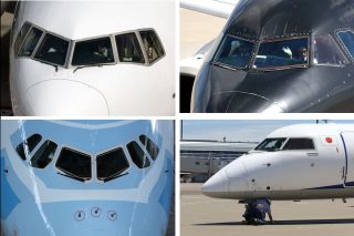 767や777（写真左上は777。同じ窓を使用）、A320（右上）、A380（左下）、DHC-8（右下）など多くの旅客機は平面ガラスを使用しており、ワイパーは横向きに停止する。