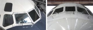 DC-8（左）にはワイパーがなく、ウインドシールドに高圧空気を吹きつけて水滴を飛ばすようになっていた。