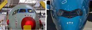 エアバス初の曲面ウインドシールドを採用したA350は、昔ながらの6分割。