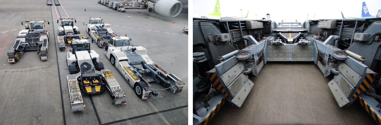羽田空港のエプロンで待機するトーバーレス車。
