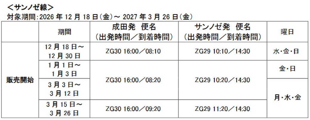 サンノゼ線　運航スケジュール